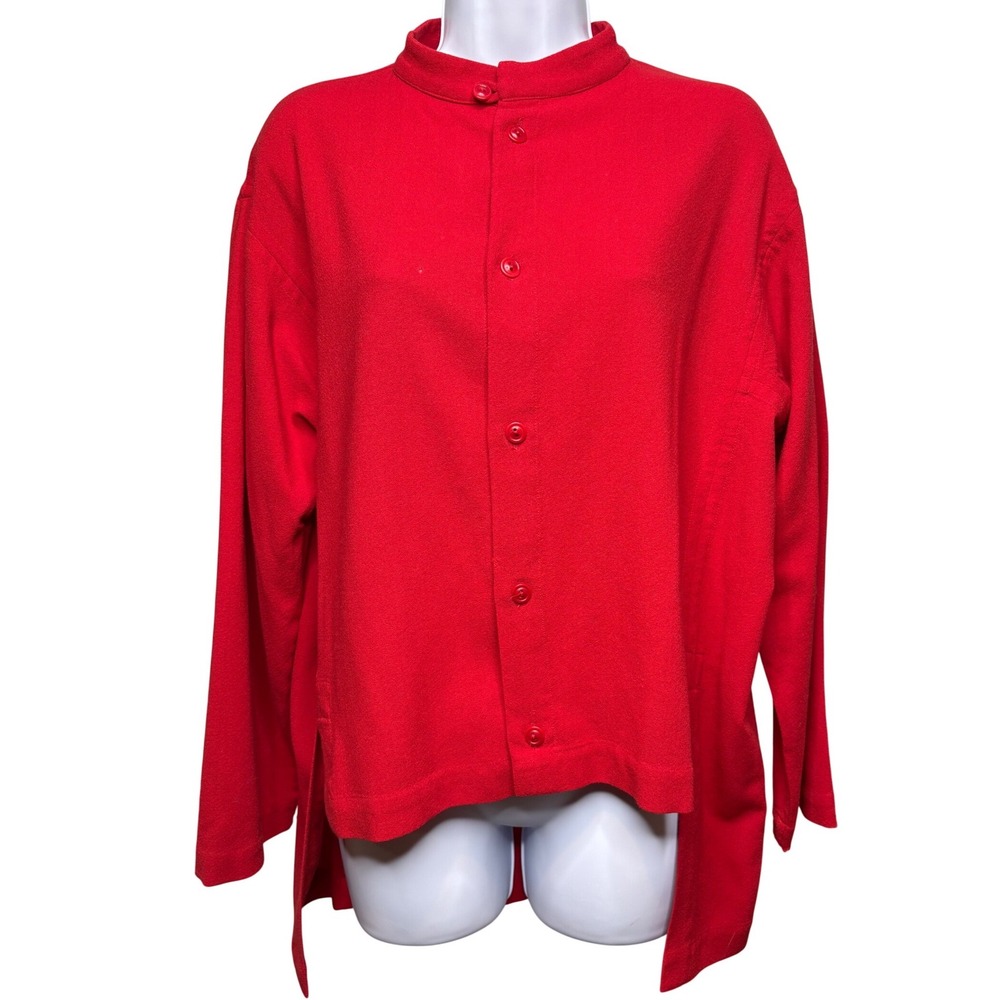 SHIRIN GUILD Womens Red 100% Wool Button Up Shirt M High Low Lagenlook Minimal